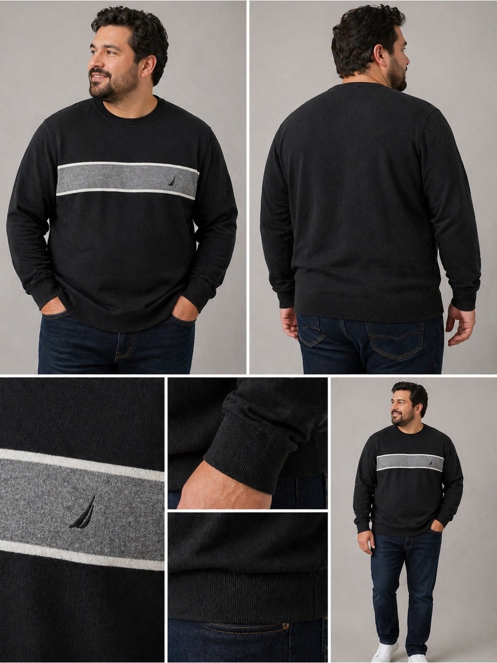 Nautica Men’s XL Black Gray Stripe Crewneck Sweater NWT
